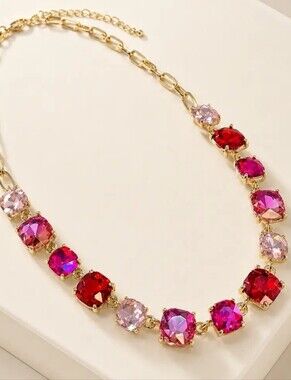 Cushion Cut Square Glass Crystal Linked Chain Necklace.